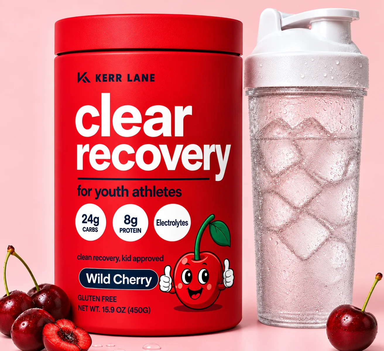 Clear Recovery Wild Cherry tub with shaker bottle and scoop of powder